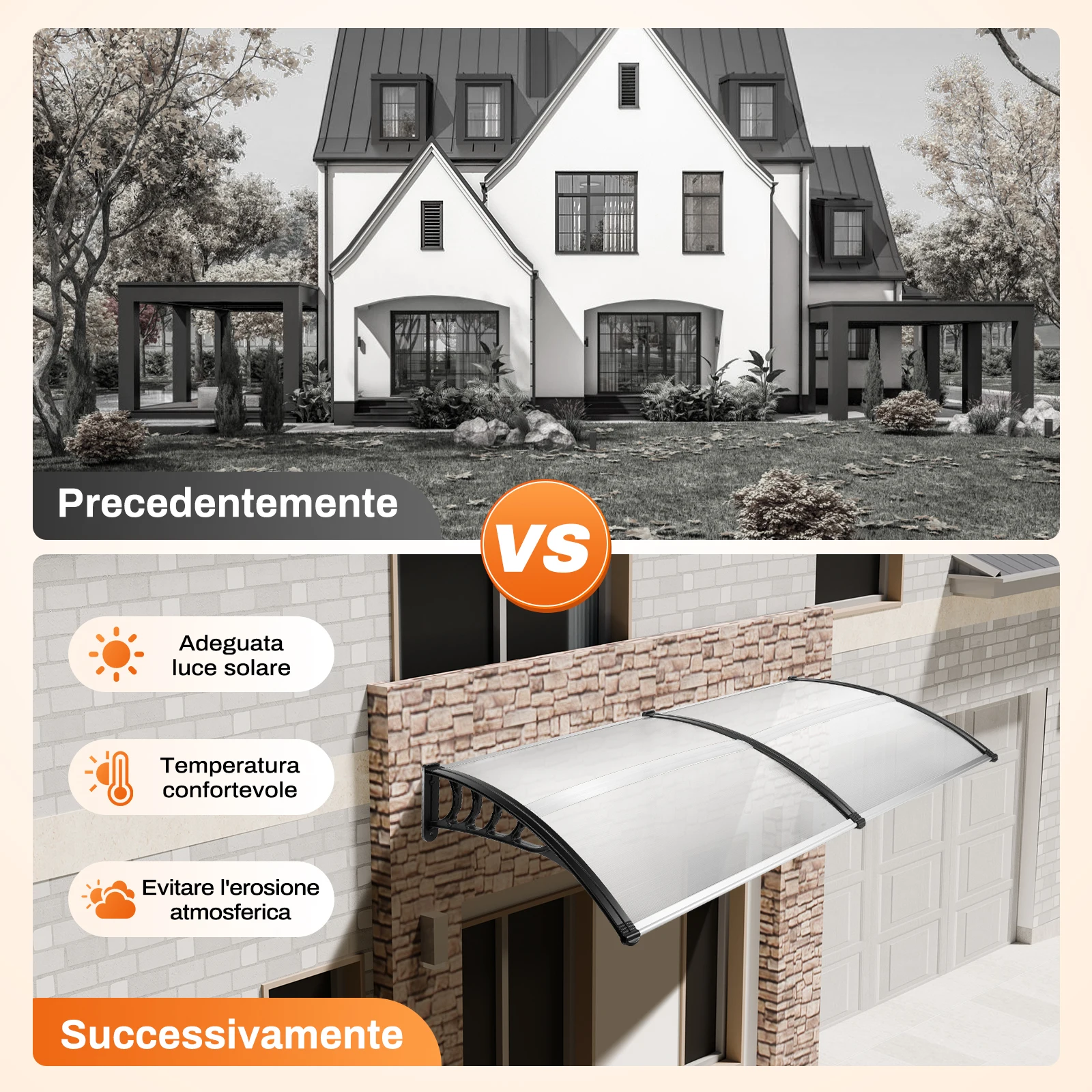 2026 Neu 90x200cm Wandmontierte Bogenförmige Überdachung aus Klarem Polycarbonat PC Moderne Design-Markise Wetterfester Sonnenschutz Regenschutz für Außenterrassen B1 Flammhemmend – Detail 1