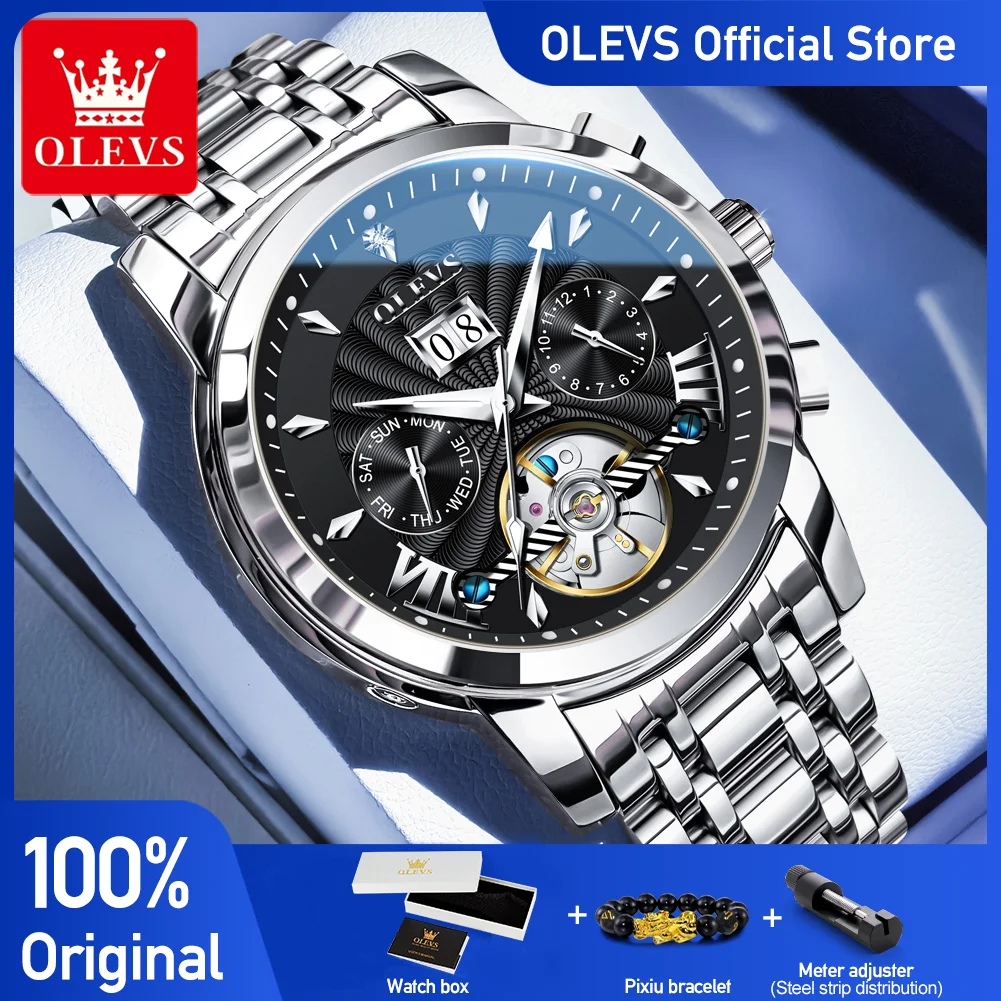 

OLEVS 9965 Мужские многофункциональные часы, оригинальные роскошные механические часы со скелетонизированным маховиком, классические деловые мужские часы с календарем