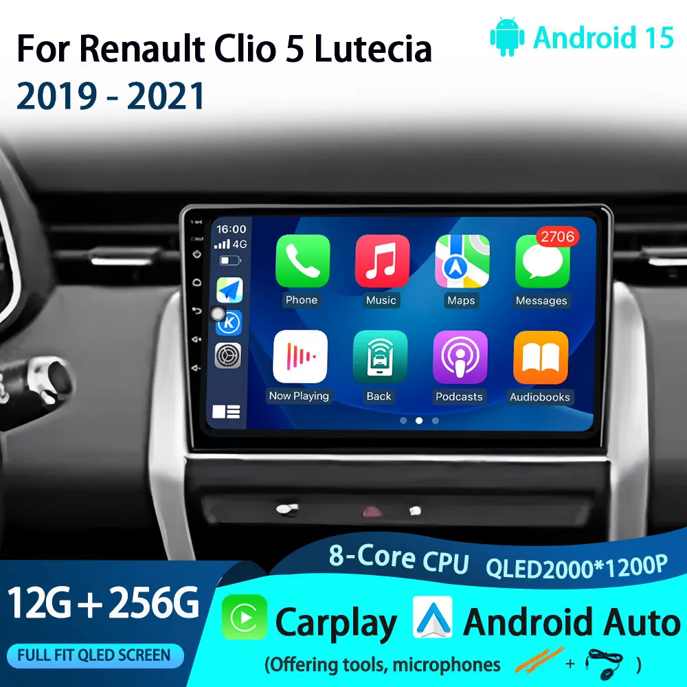 

For Renault Clio 5 Lutecia 2019 - 2021 Car Android 15 Auto Radio Stereo Head Unit Multimedia Player GPS Navigation No 2din