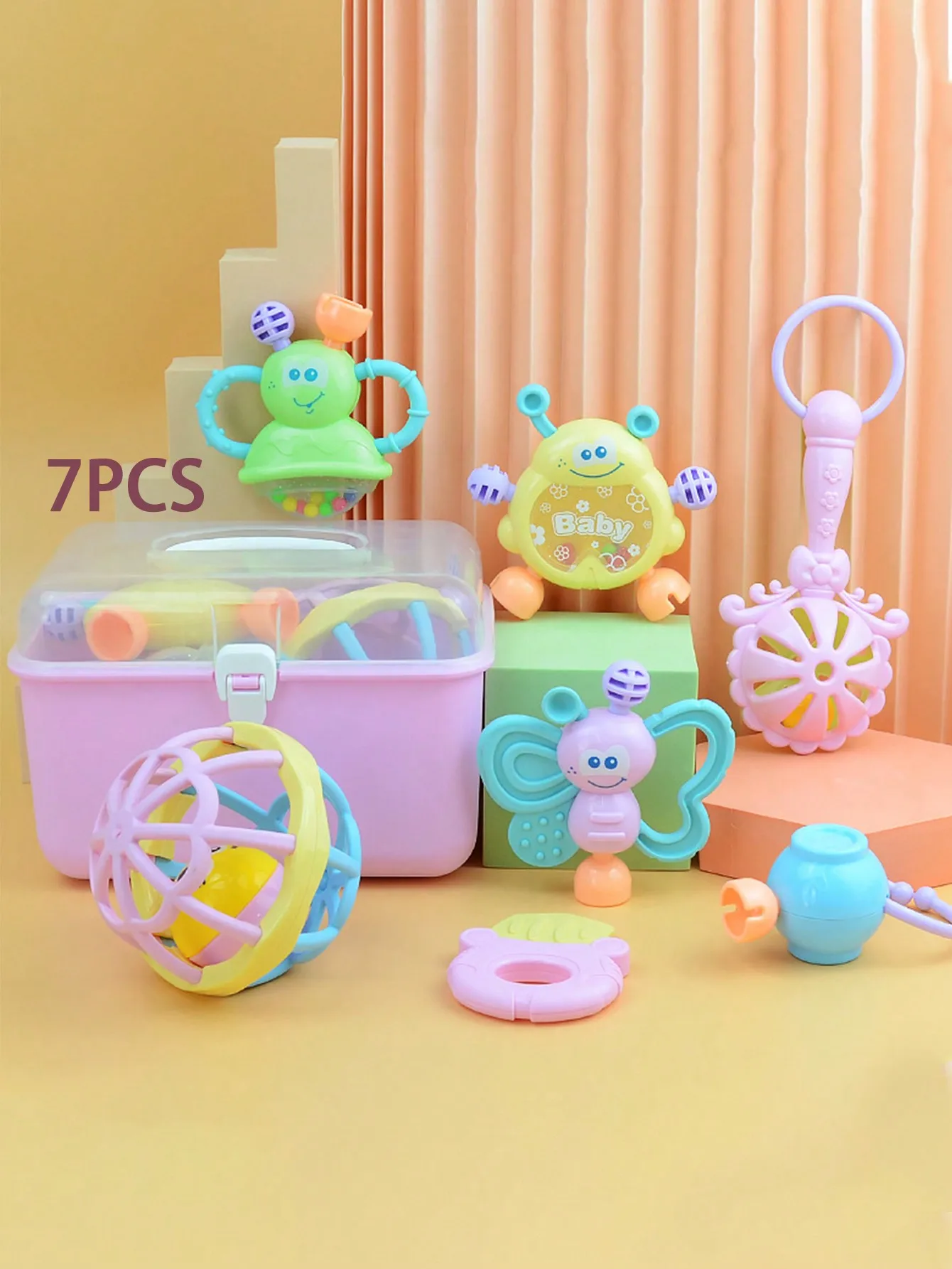 7-piece baby rattle toy set, suitable for infants aged 0-6-12 months. Designed to enhance early sensory development and promote