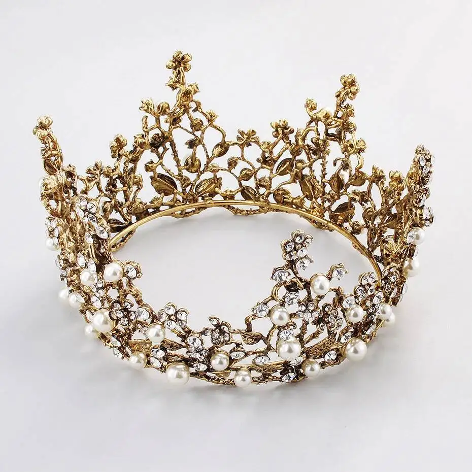 Baroque Floral Pearls Round Gold Women Crowns Crystal Wedding Bridal Tiaras Pageant Diadem Girls Hair Jewelry Party Accessories