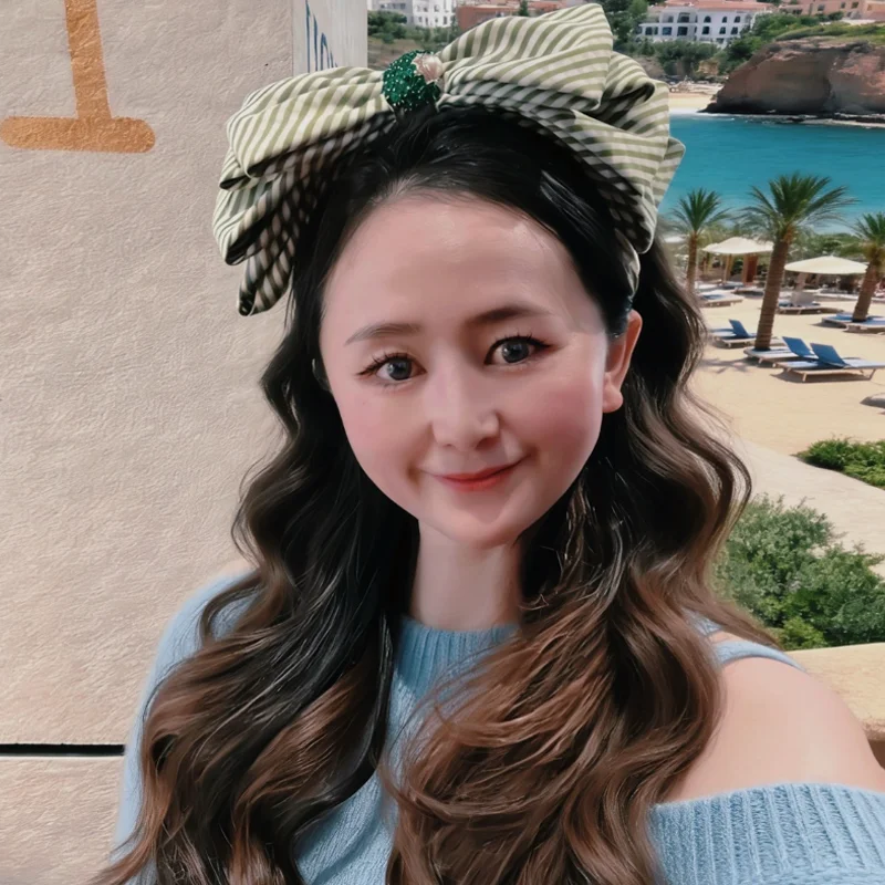 College Style Retro Small Plaid Headband Large Bow Hair Hoop with Colored Diamonds Travel Sweet Hairband Accessories