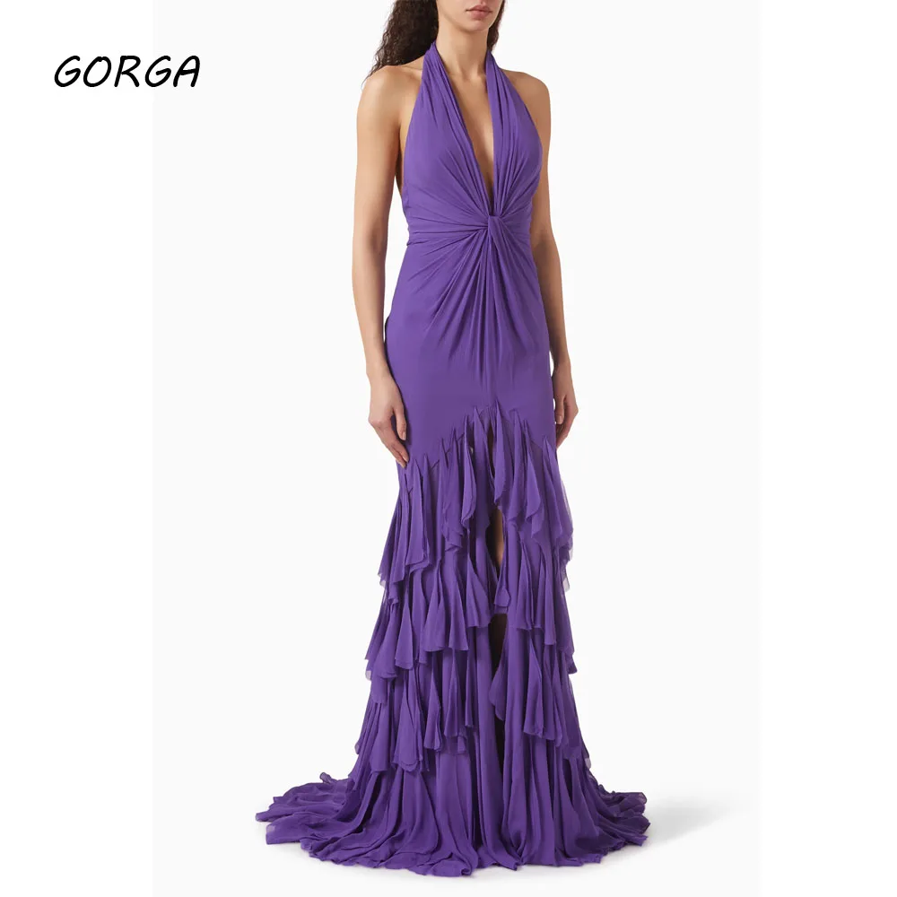 

GORGA Customized Purple Floor-Length Crepe Evening Dress Halter Sleeveless Prom Dress 2025 Front Split Mermaid Party Dress