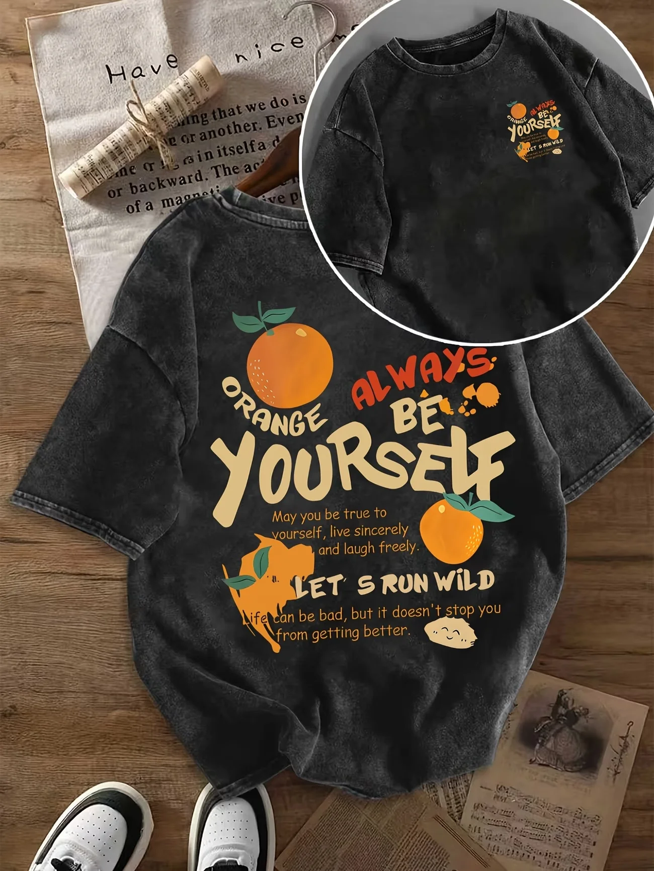 Always Be Yourself Orange Graphic T Shirt Men Women Vintage Acid Wash Cotton Summer Short Sleeve Harajuku Streetwear Tee Tops