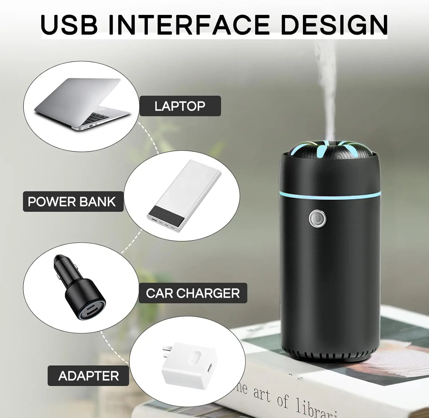 Car Humidifier Diffuser - Smart Cool Mist Air Freshener For Essential Oils - USB For Car, Home, Office, Bedroom (Black)