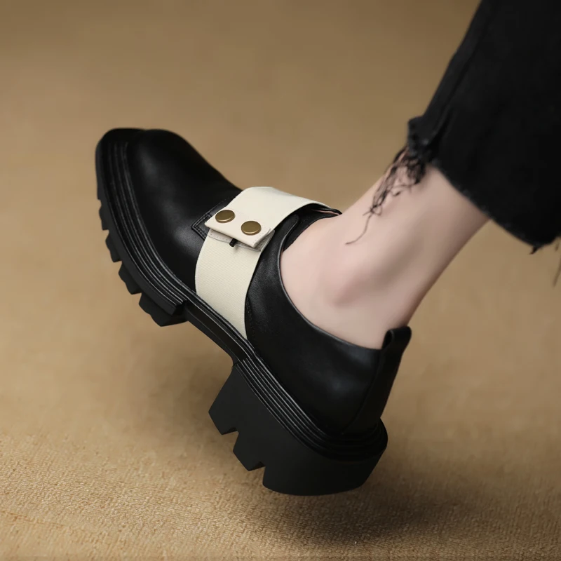 Thick Sole Dress Prom Career Shoes Square Toe Leather Women Shoes Spring Autumn Cowhide Med Heel Loafers Woman Platform Shoes