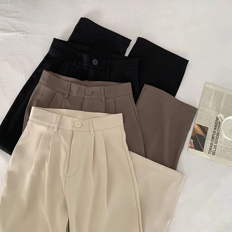Spring Lady Fashion Concise Baggy Wide Leg Pants Women Straight Leg Casual Suit Trousers Girls Classic Basic Solid Daily Slacks