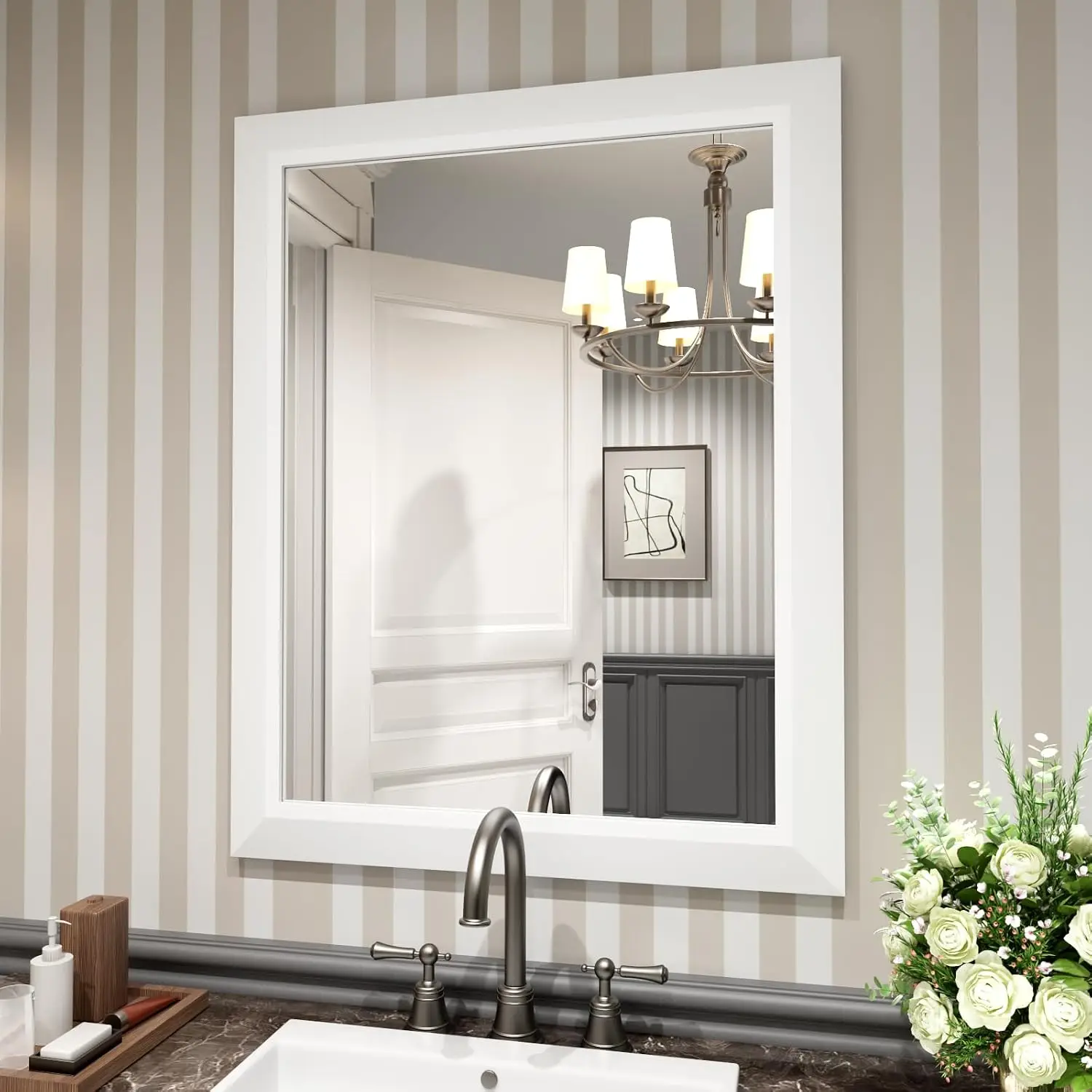 Wall Mounted Bathroom Mirror 24x30 Inch White HD Reflection Tempered Glass Thick Metal Framed Rectangle Over Sink Vanity Bedroom