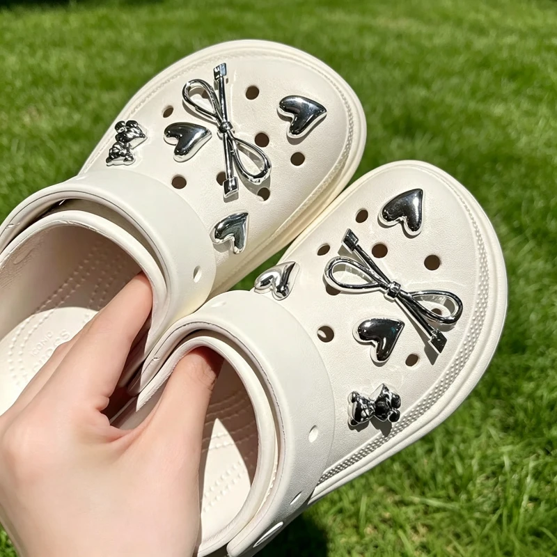 Silver Electroplated Bow Heart PVC Shoe Charms Shiny DIY Hole Sandal Decor Cute Trendy Ornaments Summer Gift for Girls Teen Lady