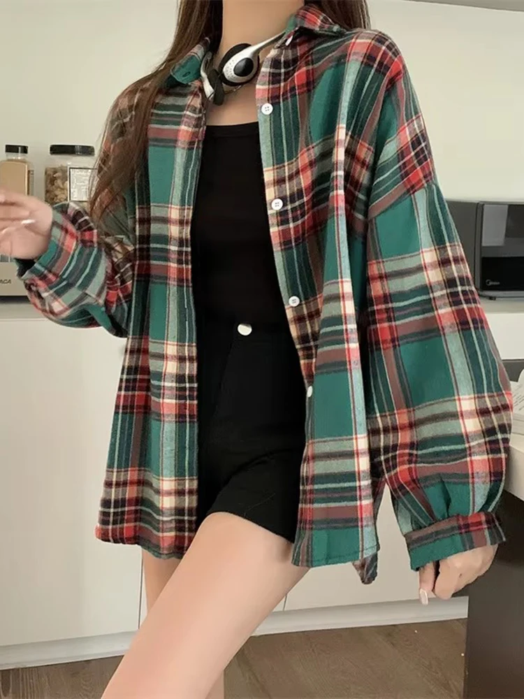 Camicia scozzese verde da donna Camicia abbottonata con colletto a maniche lunghe Camicetta Top da donna Camicie a quadri casual larghe per adolescenti