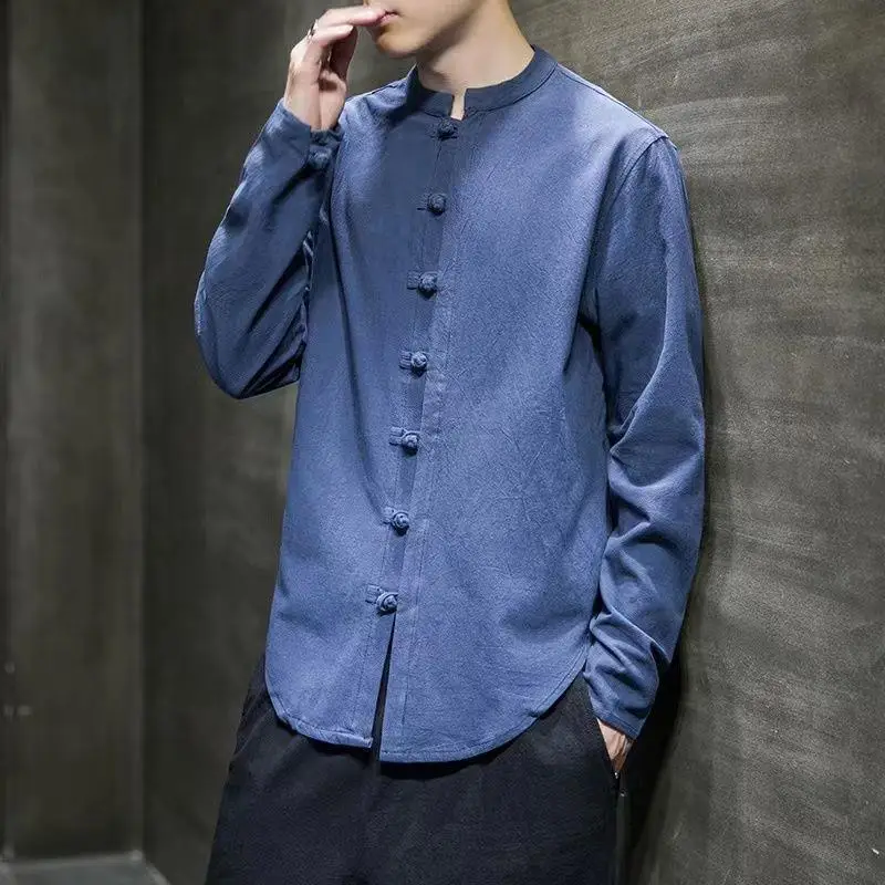 Traditional Chinese Clothing Linen Shirts Men Long Sleeve Retro Buttoned Shirt Solid Color Stand-up Collar Loose Men's Tops