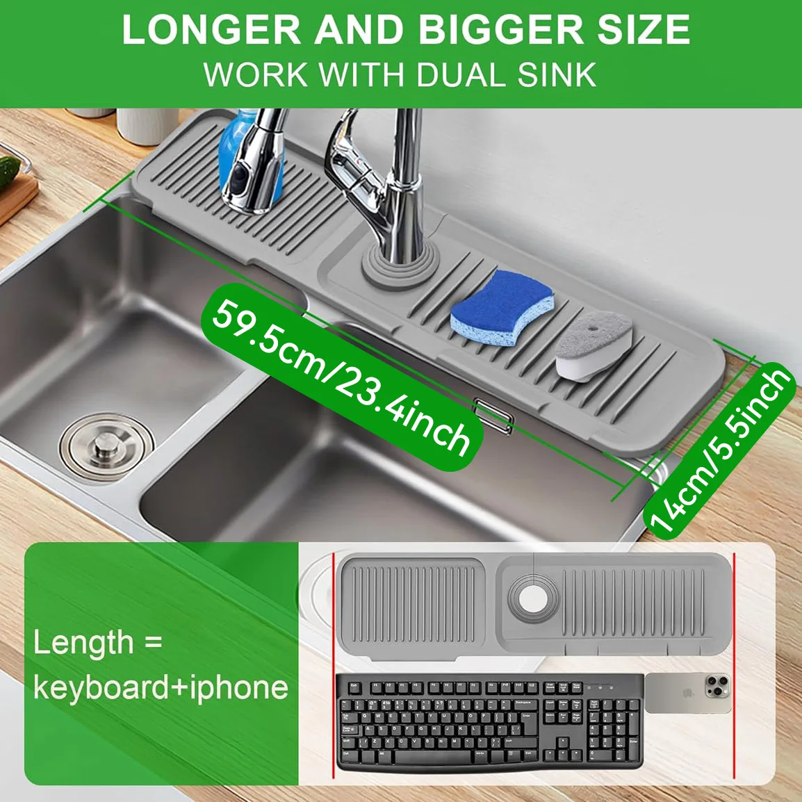 Sink Splash Guard Mat 24 inch, Silicone Kitchen Sink Protector Mat with 5° Slope Drain, Faucet Water Splash Stopper for Stainles