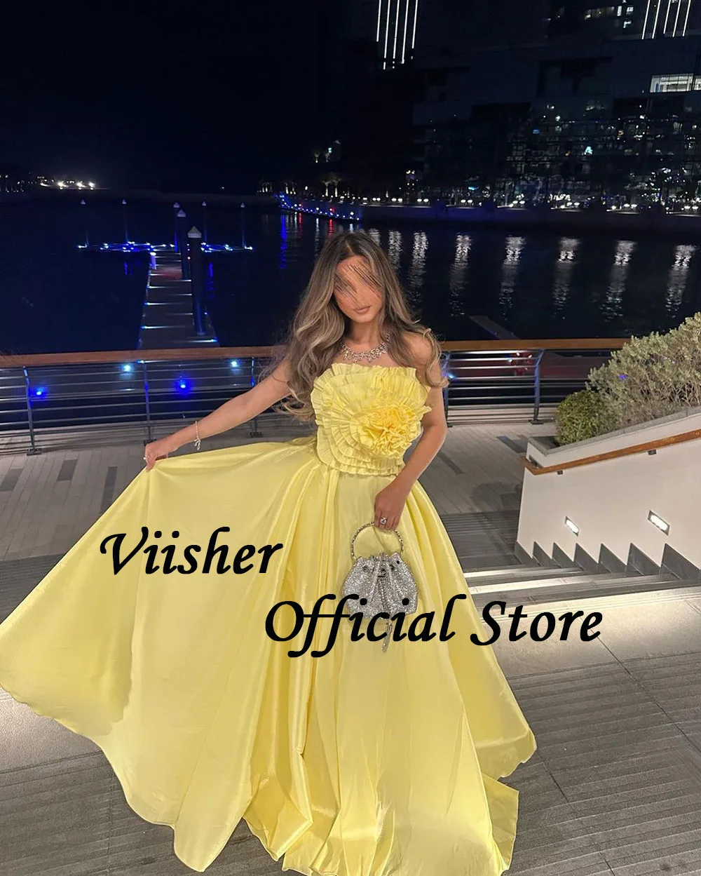 Viisher Yellow Flower Strapless Evening Dresses Pleats Satin A Line Arabic Formal Prom Dress with Train Long Dubai Evening Party