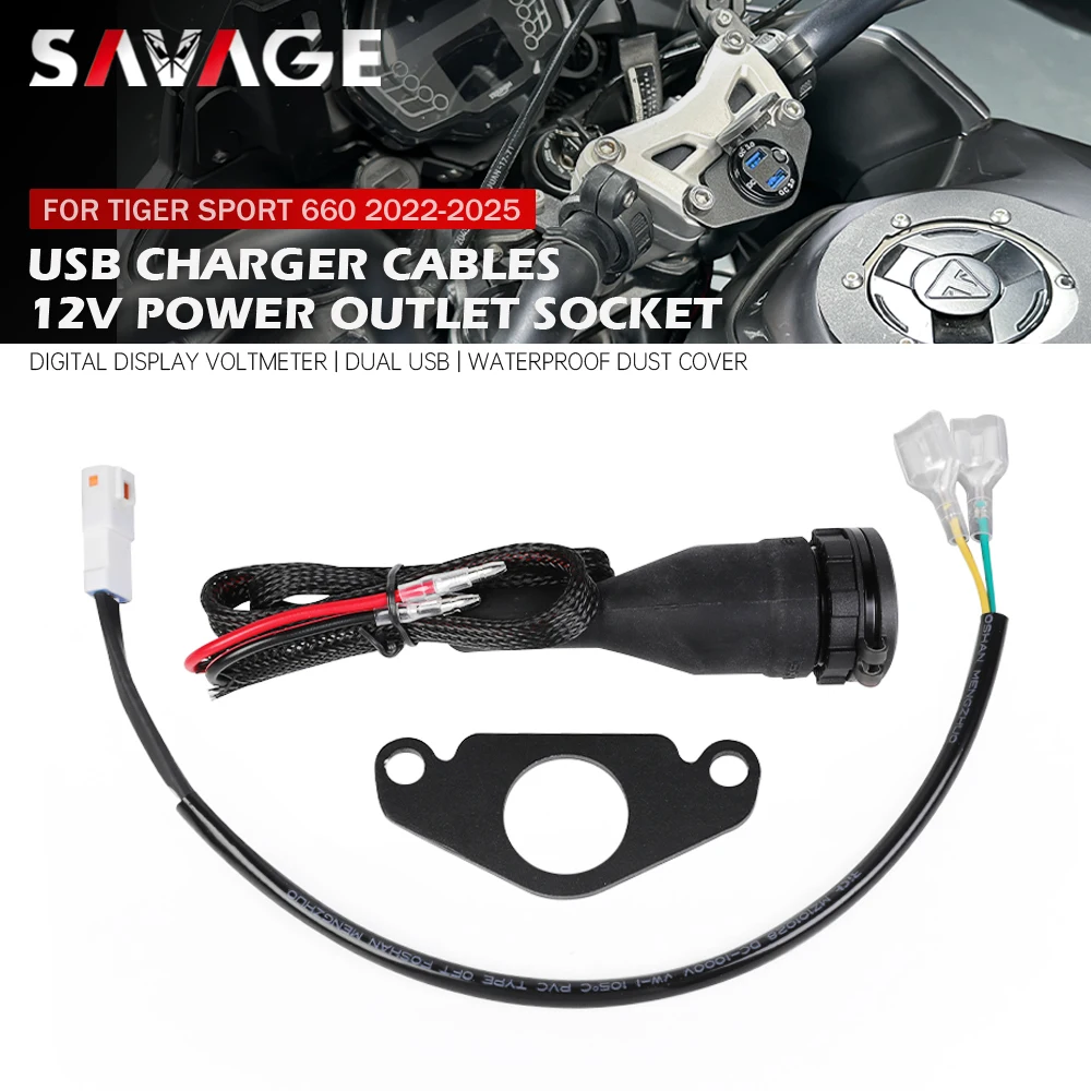 

For Tiger Sport 660 2022-2025 Motorcycle QC3.0 USB Charger 12V Power Outlet Connector Plug Wire Dual USB Socket Cable Harness