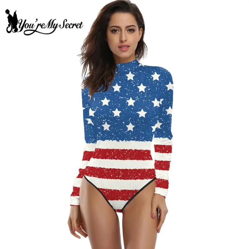 [You\'re My Secret] Womens Slim Bodysuits Tie-dye Printed Long Sleeve Turtleneck Female Rompers Independence Day Party Streetwear