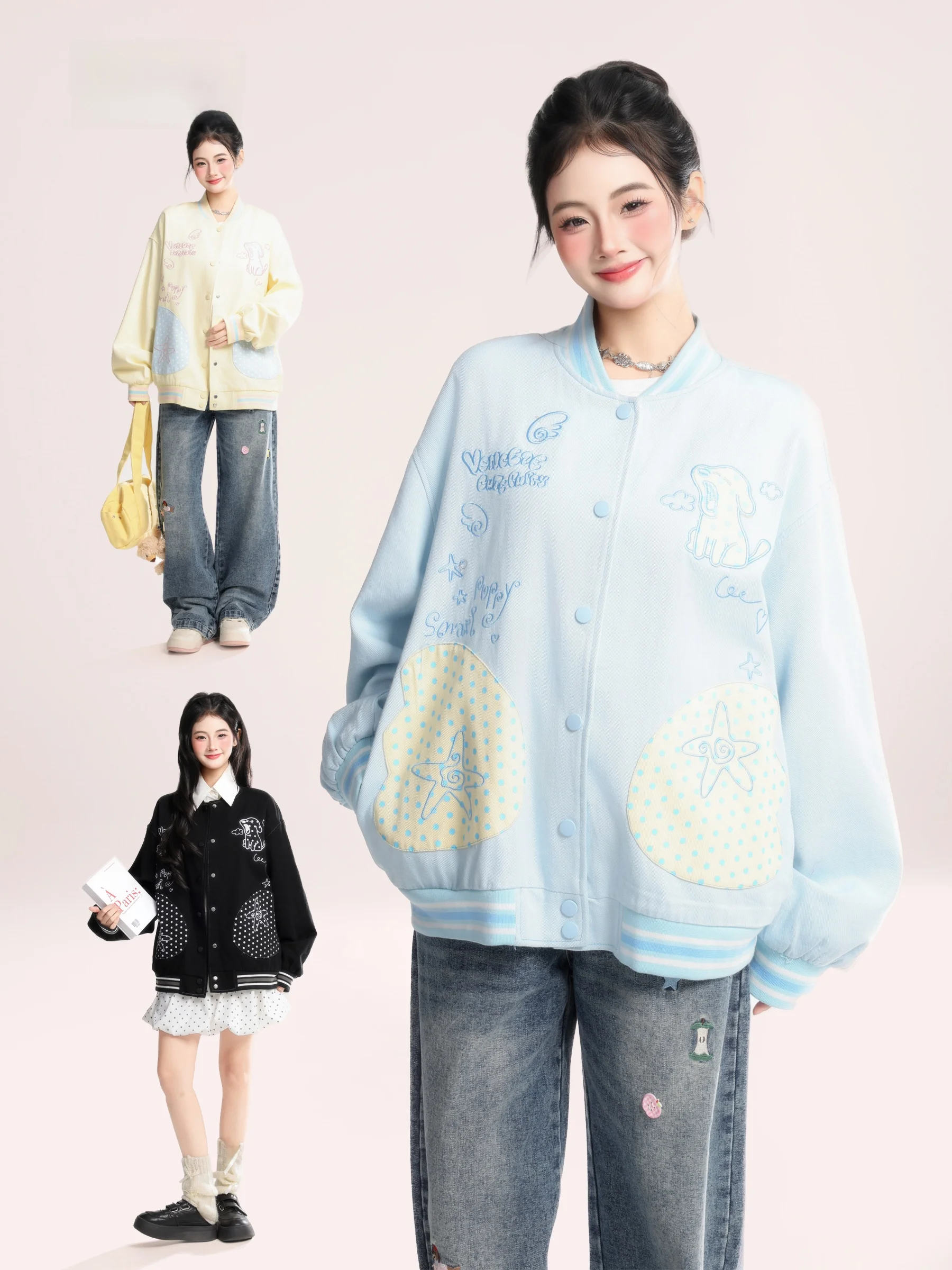 

Korean Cartoon Embroidery Polka Dot Baseball Jaet Women's Loose Couple's Jaet Spring 2026 College Sle Contrast Color
