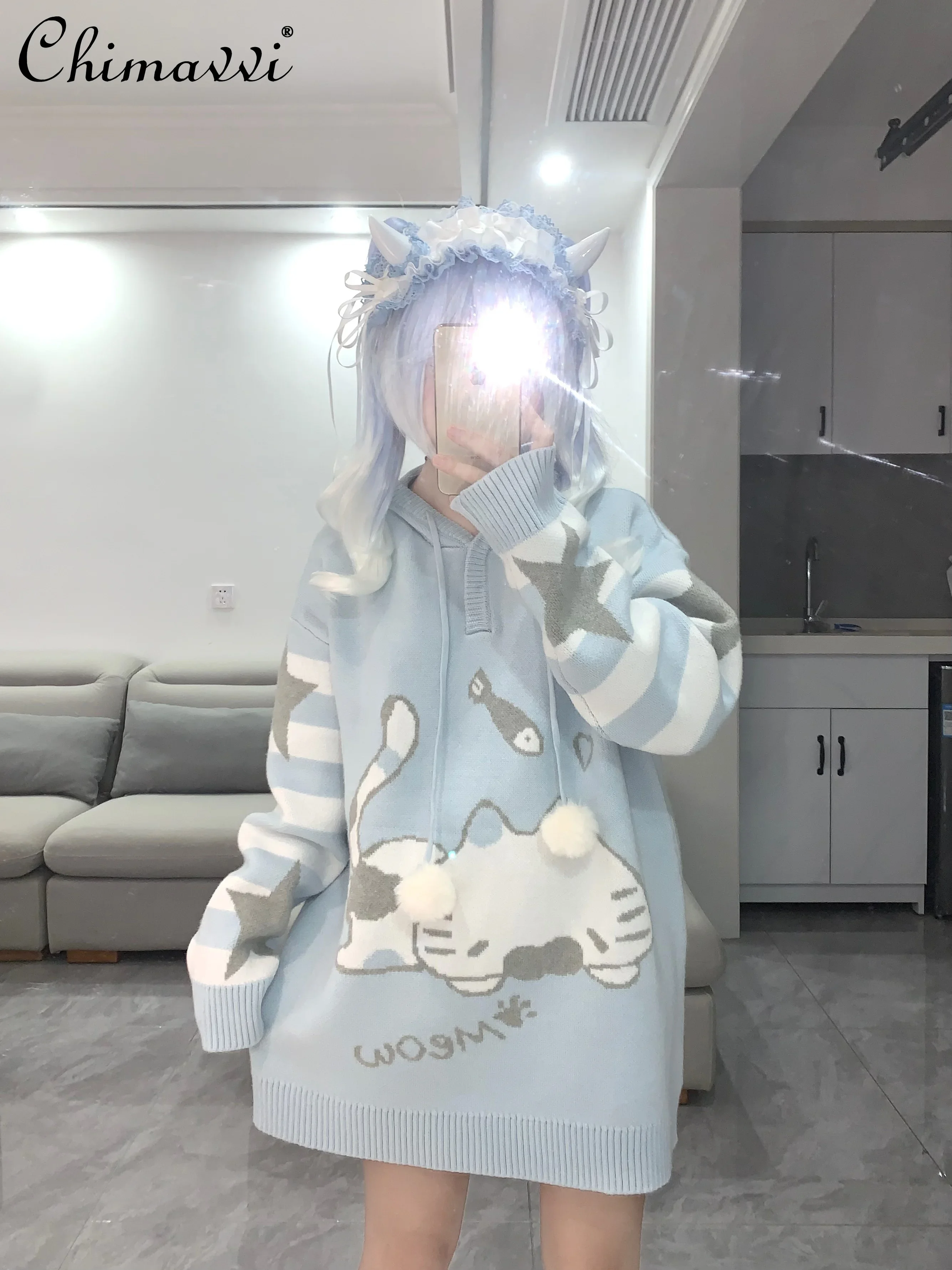 

Original New Cute Kitten Hooded Pullover Soft Sweater Autumn and Winter Sweet Girls Cartoon Kawaii Knitted Sweaters Y2K Tops