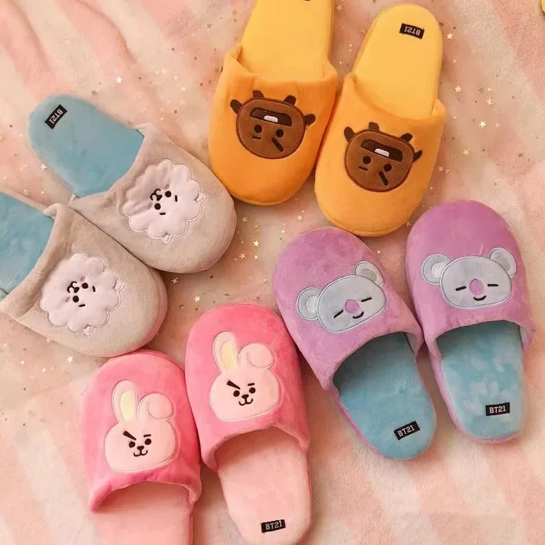 LINE FRIENDS Cartoon Cute BT21 Girl Autumn Winter Plush Slippers Indoor Non Slip Couple Warm Cotton Slippers Christmas Gift