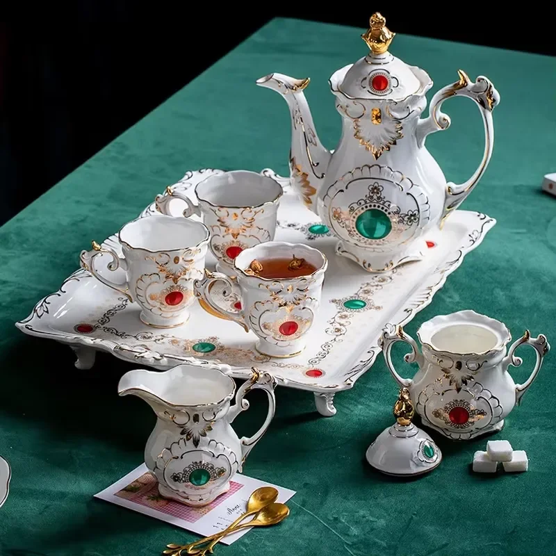 8 Pcs Exquisite European Style Porcelain Eco-Friendly White Afternoon Set Arabic Cups Sugar Milk Pot Tray Gift Box