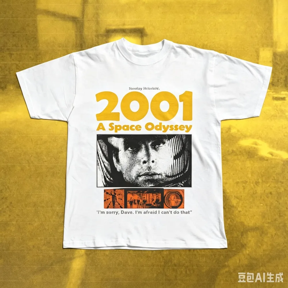 Black Yellow Retro Astronaut Space Collage Graphic Tee Big Block Sci-fi Movie Header Chest Oversized Street Tops