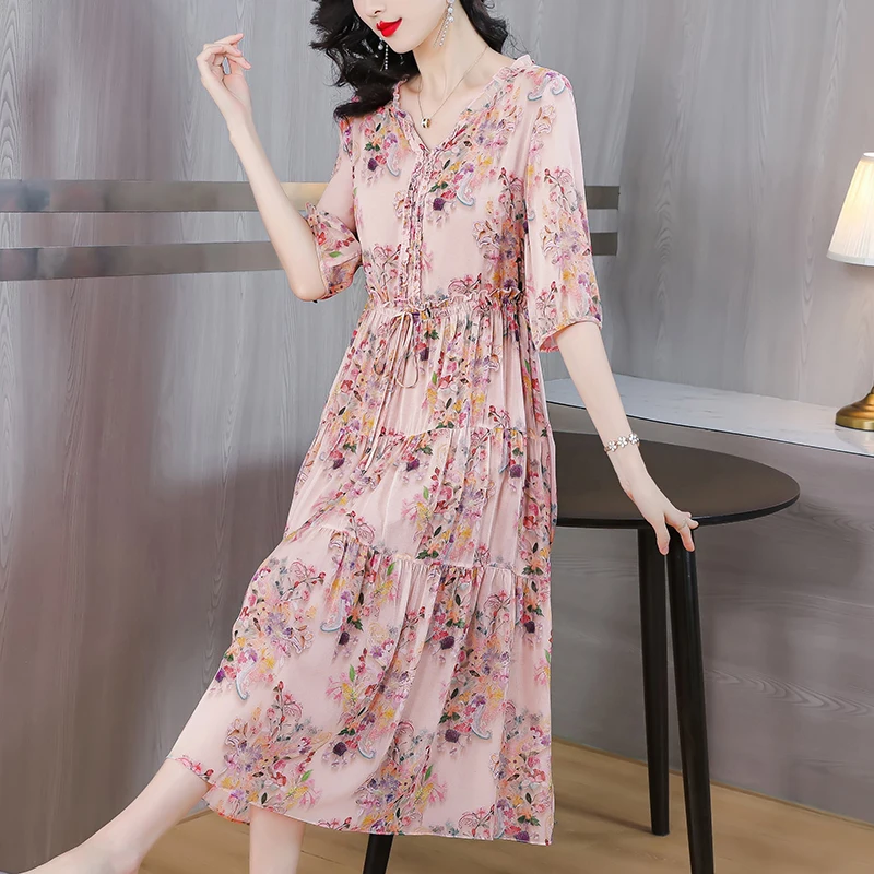 

European Station Fragmented Flower Heavyweight Silk Dress Women's Summer 2024 New Mulberry Silk Belt Waistband Skirt