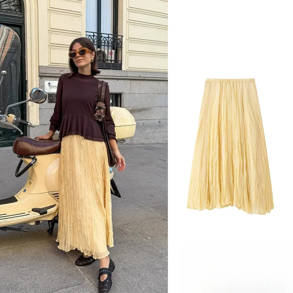 

KONDALA Women Elegent Yellow Pink Skirt Solid Pleated Long Skirt New 2025 Spring Fall Fashion Holiday Date Basic Chic Skirt