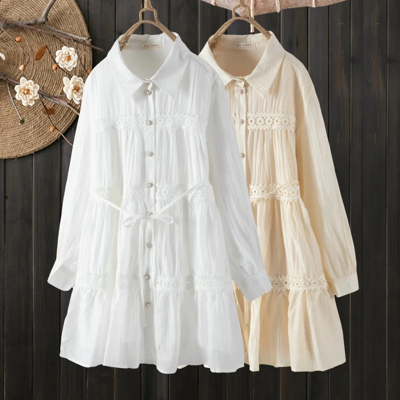 和菓子森ガール無地レースパッチワークコットンシャツドレス女性秋ターンダウンカラー長袖ベルト付きドレス