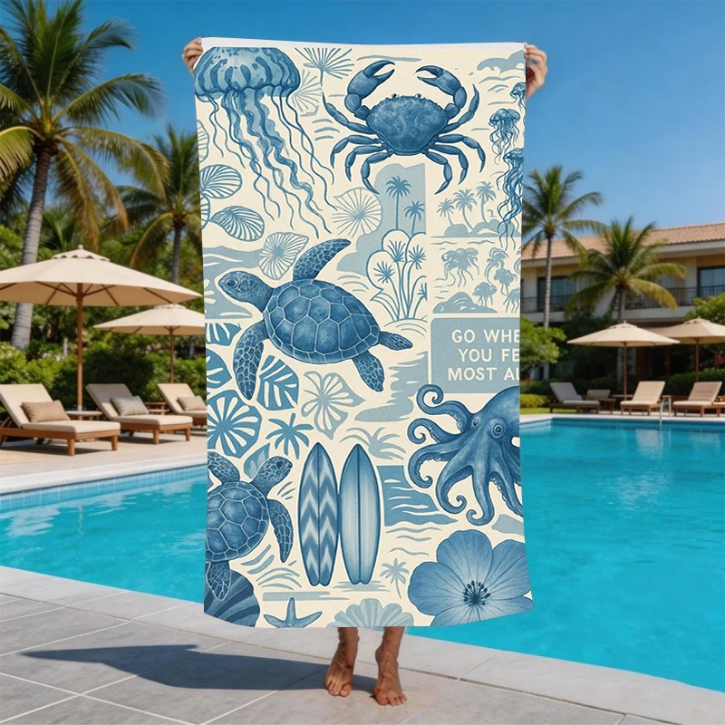Coastal Nautical Sea Turtle Microfiber Beach Towel Oversized Extra Large Sand Free Pool Towels Quick Dry Super Absorbent Swim
