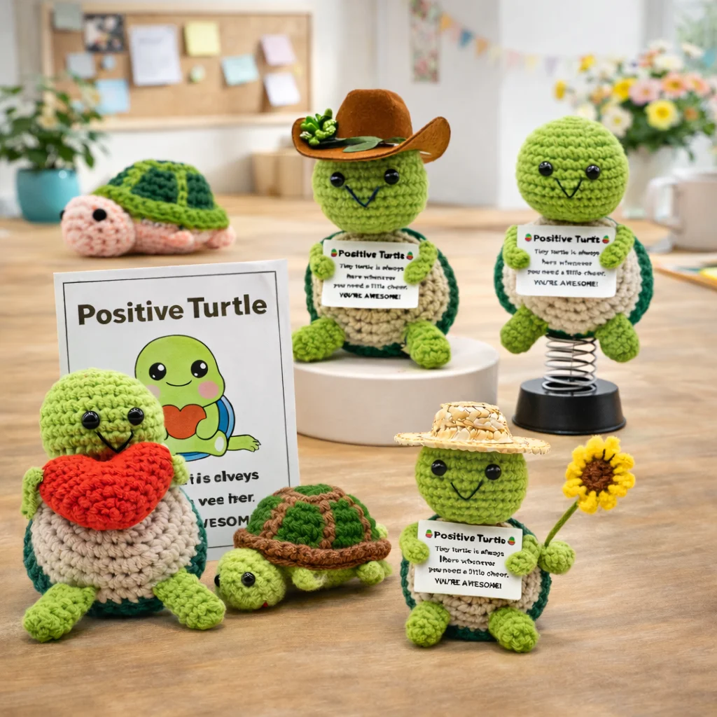 Animal Series-Positive Energy Turtle Crochet Doll, Handmade Knitted Decor Ornament with Encouragement Card, Mini Desk Decor Gift