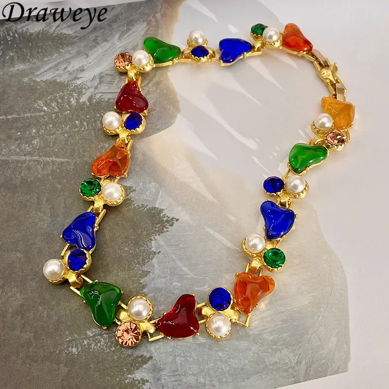 Draweye Colorful Crystal Necklaces for Womne Heart Vintage Korean Fashion Elegant Pearls Jewelry Party Collares Para Mujer