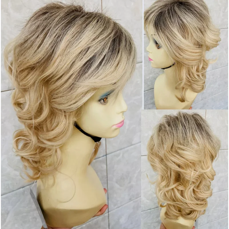 

Средние пушистые волнистые темные корни блондинка смешанные синтетические волосы парики женские натуральные 613