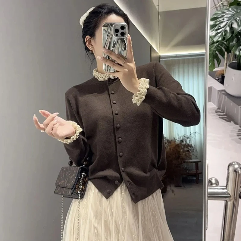 Cozy Ruffle Trim Women Knit Cardigan Button Down Sweater Oversized Long Sleeve Grey Office Lady Retro Autumn Winter Top