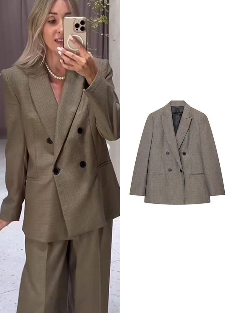 

TFMLN Women's Double Breasted Blazer Coat Long Sleeve Pockets Female Fashion Shoulder Pad Outerwear Chic Office Lady Coat