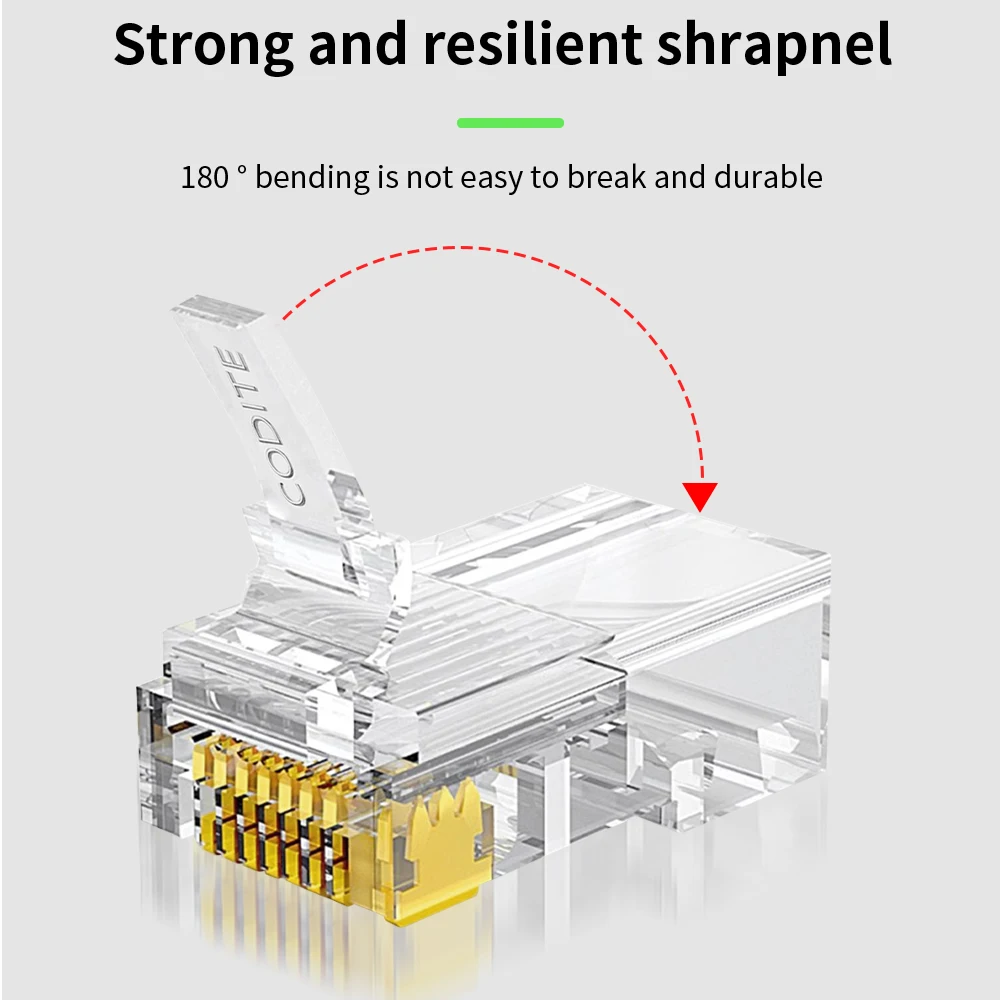 TISHRIC 100PCS RJ45 Ethernet Cables Module Plug Network Connector RJ-45 Crystal Heads Cat5 Transparent Cat5e Gold Plated Cable ﻿