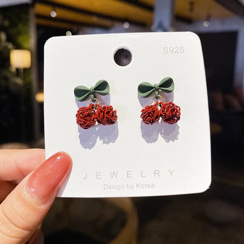Jea. Angel New Arrival Bowknot Earring Fashion Geometric Silver Color Sweet Cherry Earring For Woman BIrthday Party Jewelry Gift