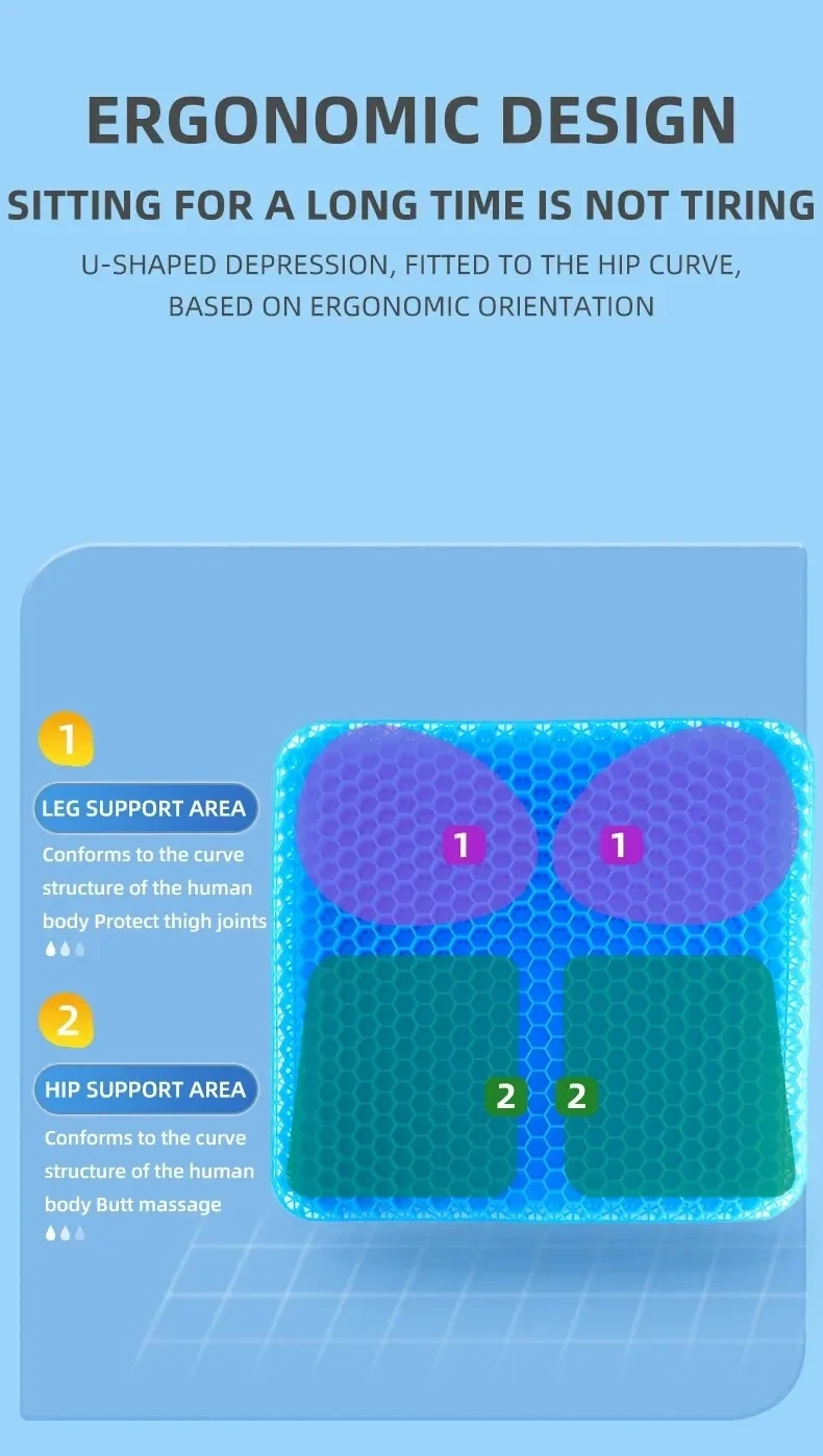 وسادة مقعد جل صيفية قابلة للتنفس بتصميم على شكل قرص العسل لتخفيف الضغط وآلام عظم الذنب في الظهر - كرسي متحرك للمكتب المنزلي والسيارات