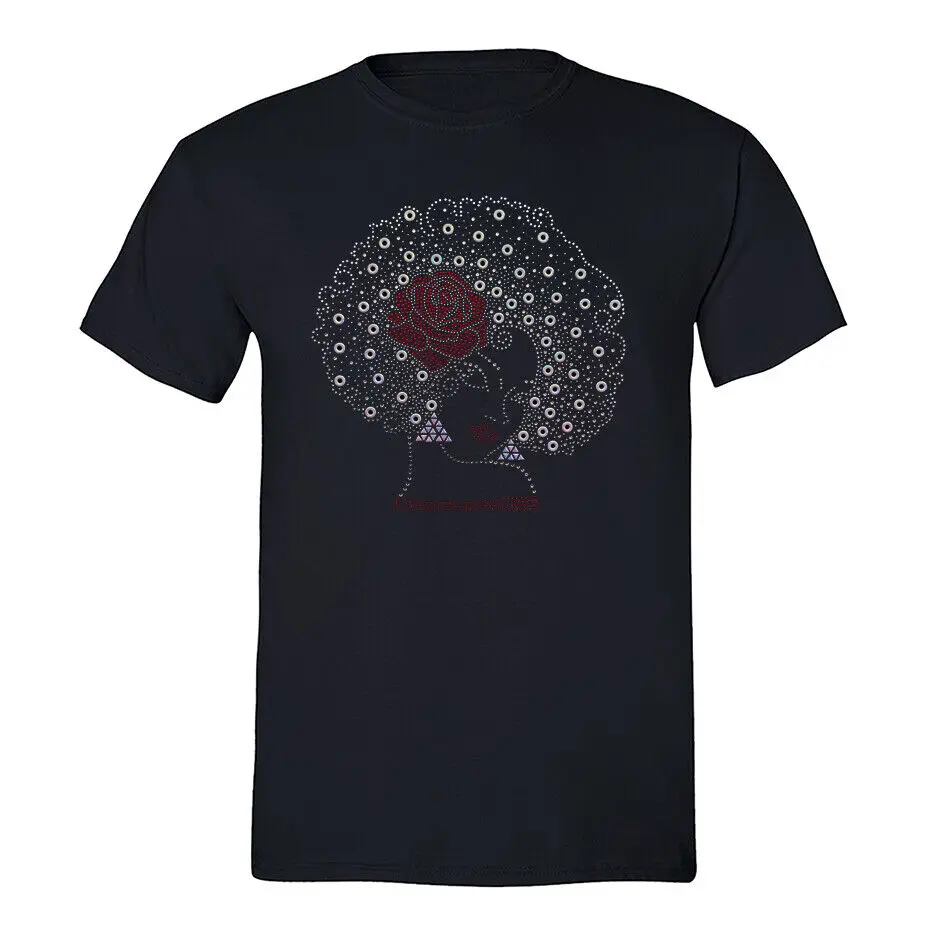 Men's Afro Lady Rose Sequin T-Shirt, Juneteenth Rhinestone African BLM Shirt Anime Graphic T-shirts For Men