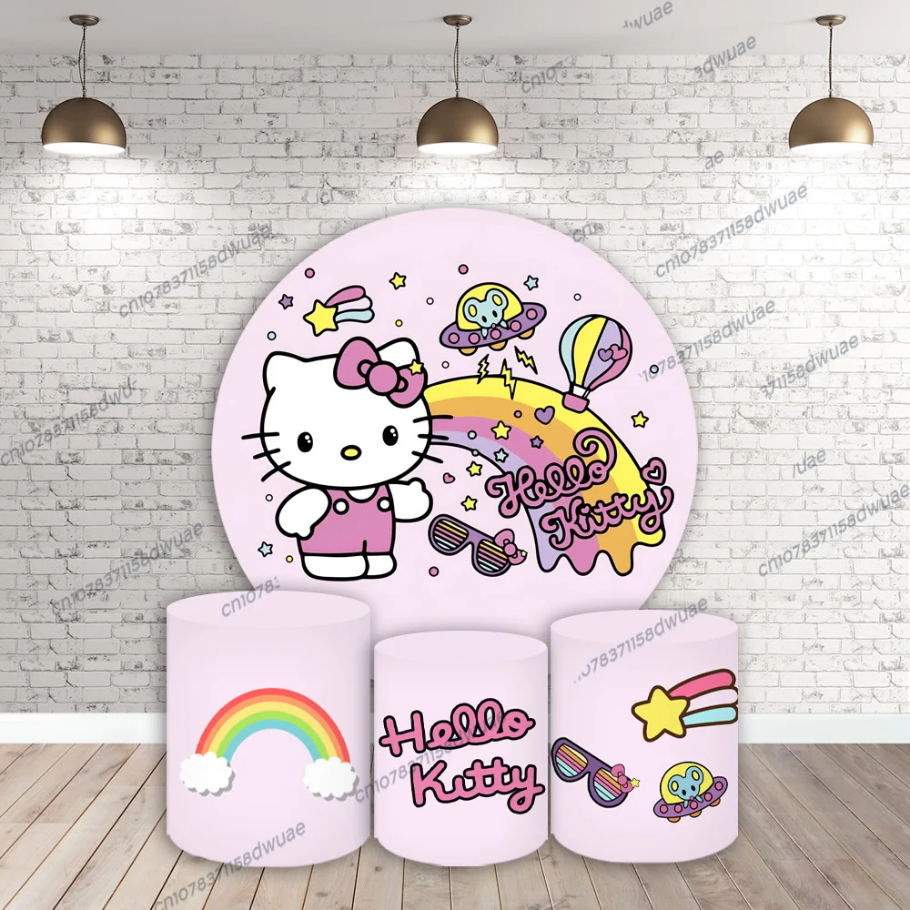 

Hello Kitty Birthday Photo backdrop Birthday party pink background Baby Shower Photo Background Round&Cylinders Plinth Covers