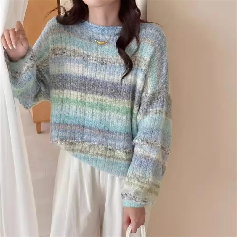 

Autumn Winter New Gentle Style Gradient Color Striped Sweater Women Slimming Pullover Loose Sweet Knitted Sweater Outerw