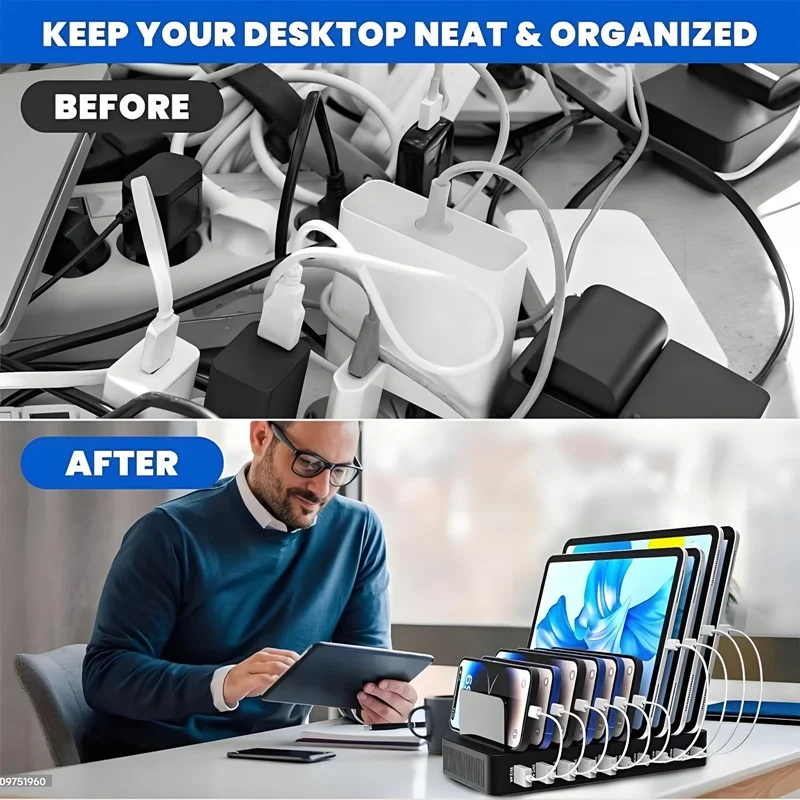شاحن متعدد المنافذ 100 وات: تصميم حامل 5 منافذ USB و5 منافذ من النوع C يدعم 10 أجهزة في وقت واحد، متوافق مع الهواتف والكمبيوتر اللوحي