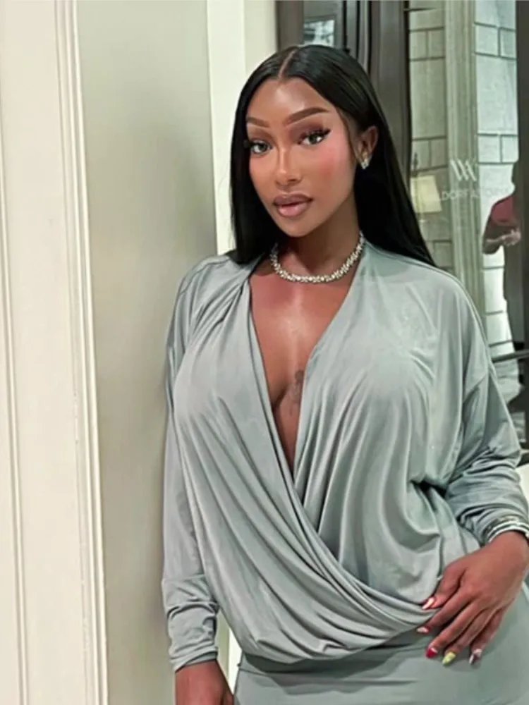 

Mini Dress Vestidos Dresses 2025 Woman Women's Clothing Package Hip V-link Long Sleeves Tighten The Waist Solid Color Sexy Silm