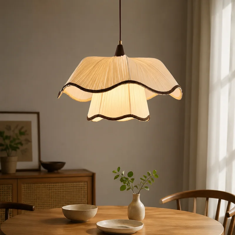 French Vintage Nordic Pleated Fabric Scalloped Edges Hanging Decor For Living Room Bedroom Restaurant Hotel Study Pendant Lamp