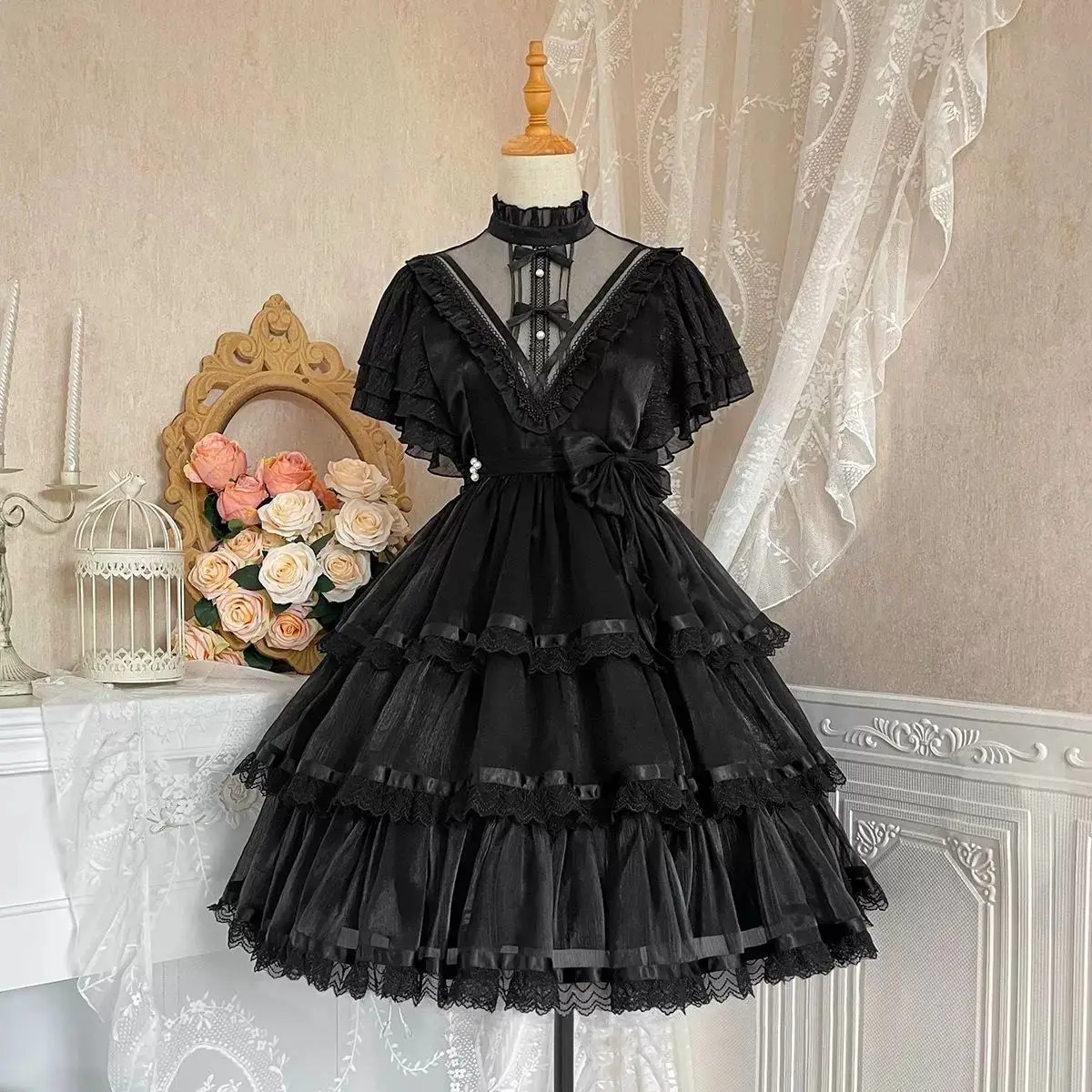 Dulce vestido de princesa Lolita para mujer, vestido de novia de flores con volantes, lazo de encaje gótico Y2k, vestido de noche de moda para niña