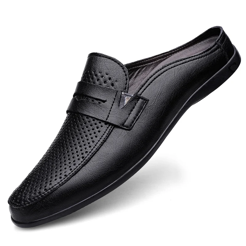 Hollow Out Slip On Mules Men Backless Casual Shoes Open Back Loafers Slippers Leather Outdoor Half Drag Shoes Slides Sandal 2026