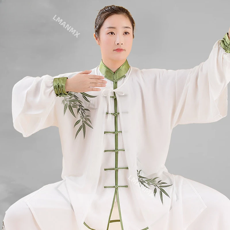 2Pcs Chinese Triditional Tai Chi Set Wushu Kungfu Classical Practice Clothes Performance Bamboo Plum Embroidery Buckle Unisex