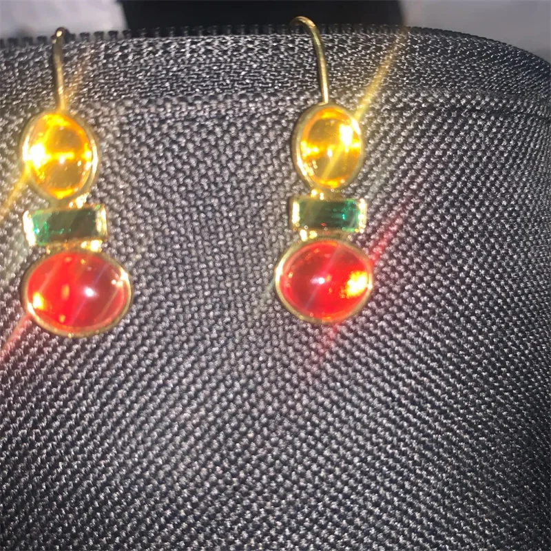 Dazzling Gold Color Round Yellow Green Red Stone Dangle Earrings for Women Fashion Geometry Engagement Wedding Earrings