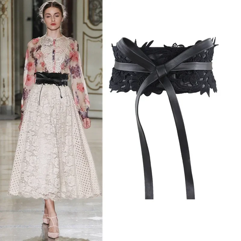 

2024 new Lace belt women's wide fashion versatile decorative dress sweater strap waist seal black and white hair