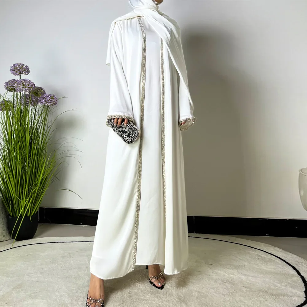 

Ramadan Muslim Set Abaya Women Satin Kimono Dress Hijab Belt Diamond Cardigan Abayas Kaftan Dubai Robe Vestidos Kebaya Jalabiya
