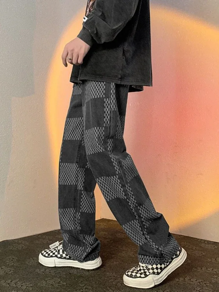 

Foufurieux Checkerboard Jeans Men Autumn Winter High Street Hip Hop Straight Wide Leg Trousers Trendy Retro Loose Trousers MEN