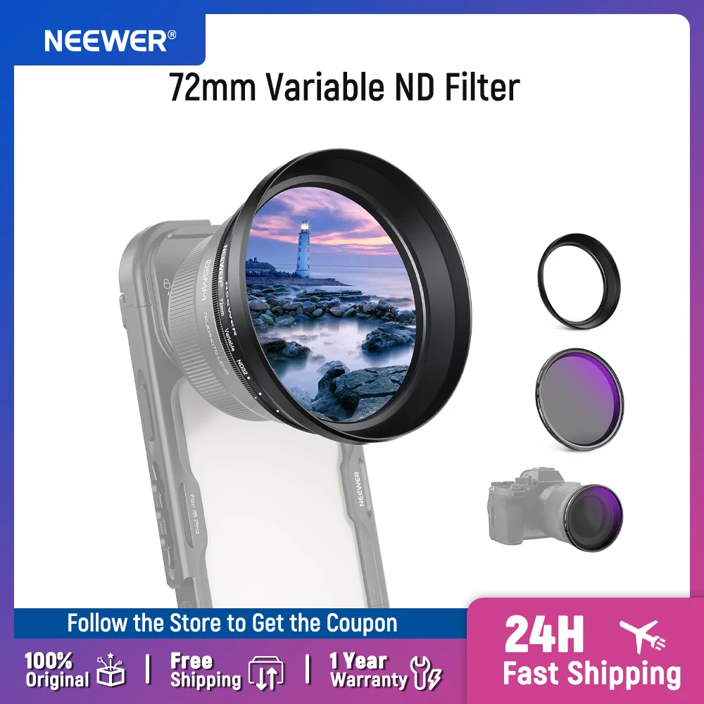 NEEWER 72mm Variable ND Filter with 77mm Lens Hood, ND2-32 Adjustable Neutral Density Filter For iPhone Android Samsung
